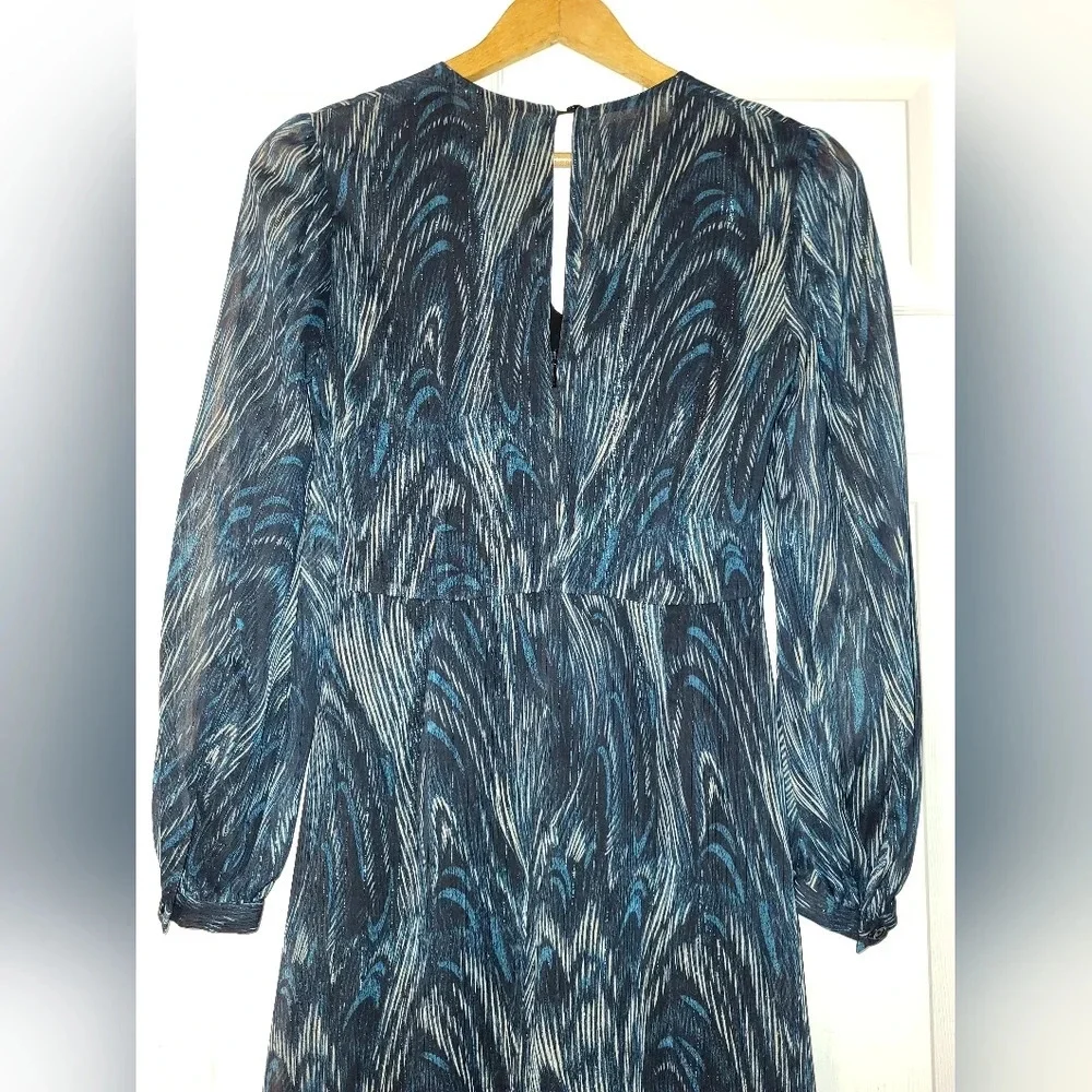 WHISTLES Blue‎ Wave Ruched Dress Size 4 Teal Black Long Sleeve Metallic Glam